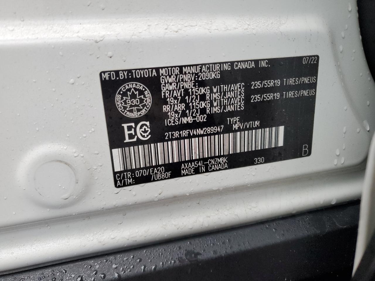 2022 TOYOTA RAV4 XLE VIN:2T3R1RFV4NW289947