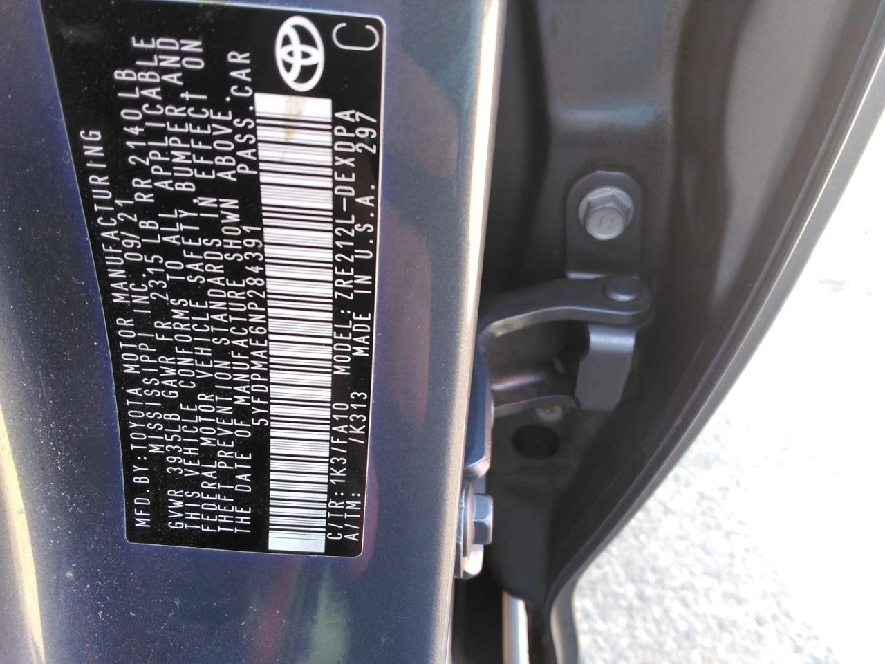 2022 TOYOTA COROLLA L VIN:5YFDPMAE6NP284391