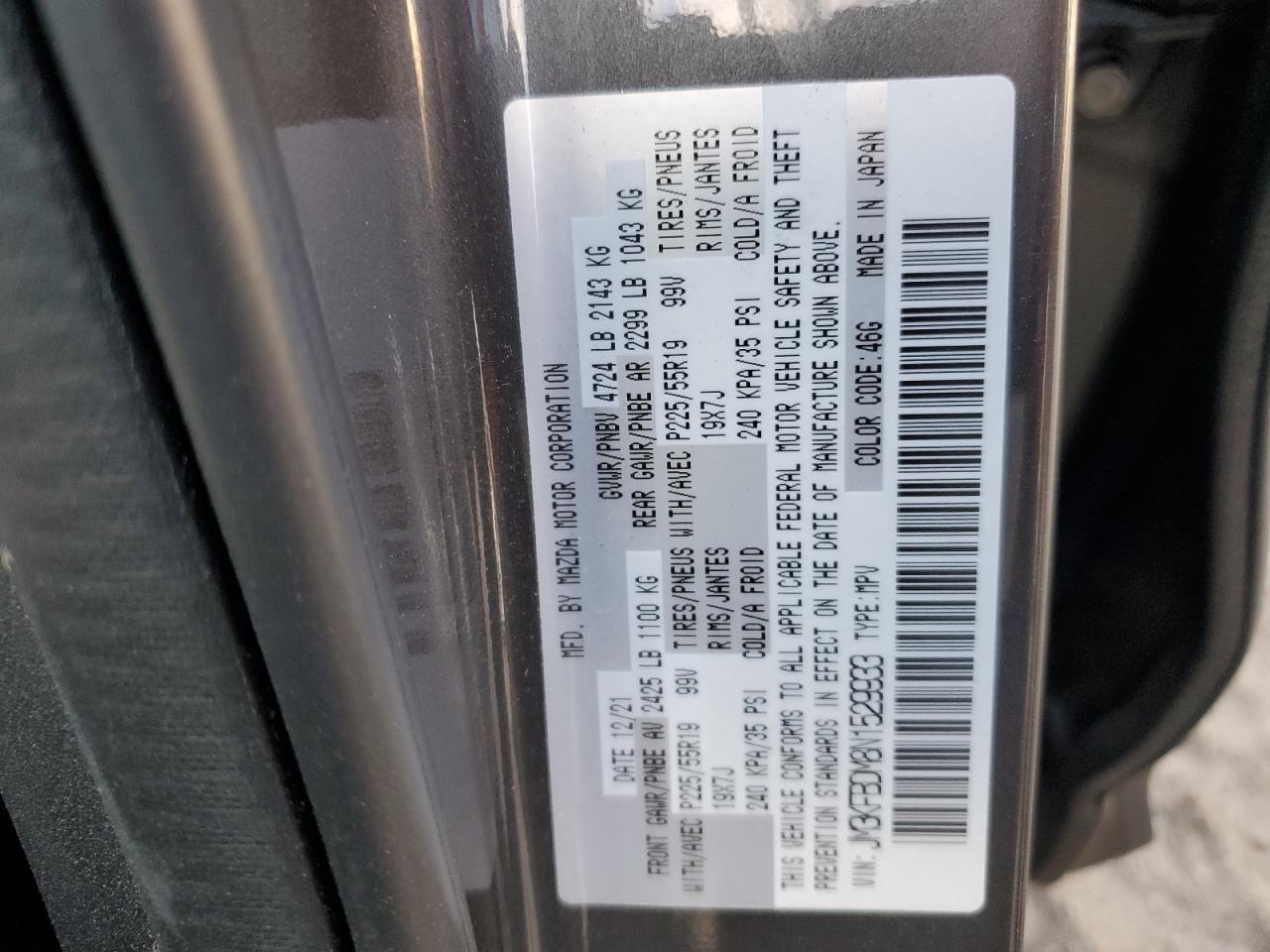 2022 MAZDA CX-5 PREMIUM VIN:JM3KFBDM8N1529933
