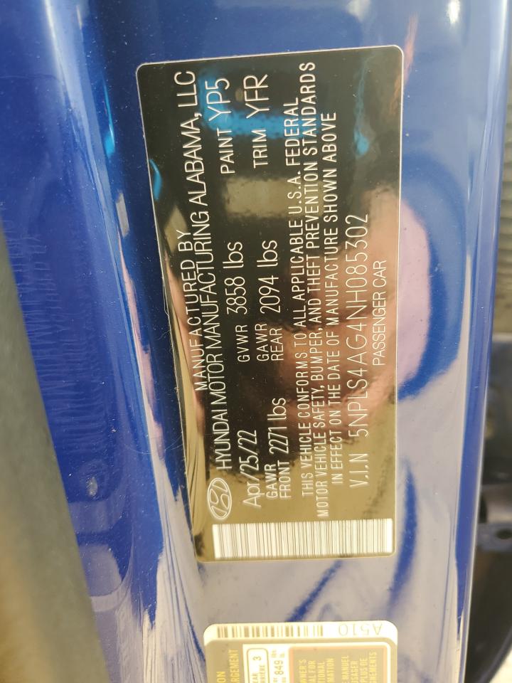 2022 HYUNDAI ELANTRA SEL VIN:5NPLS4AG4NH085302