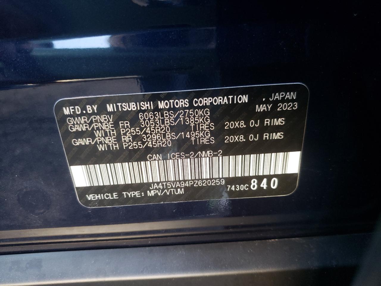 2023 MITSUBISHI OUTLANDER SEL VIN:JA4T5VA94PZ620259