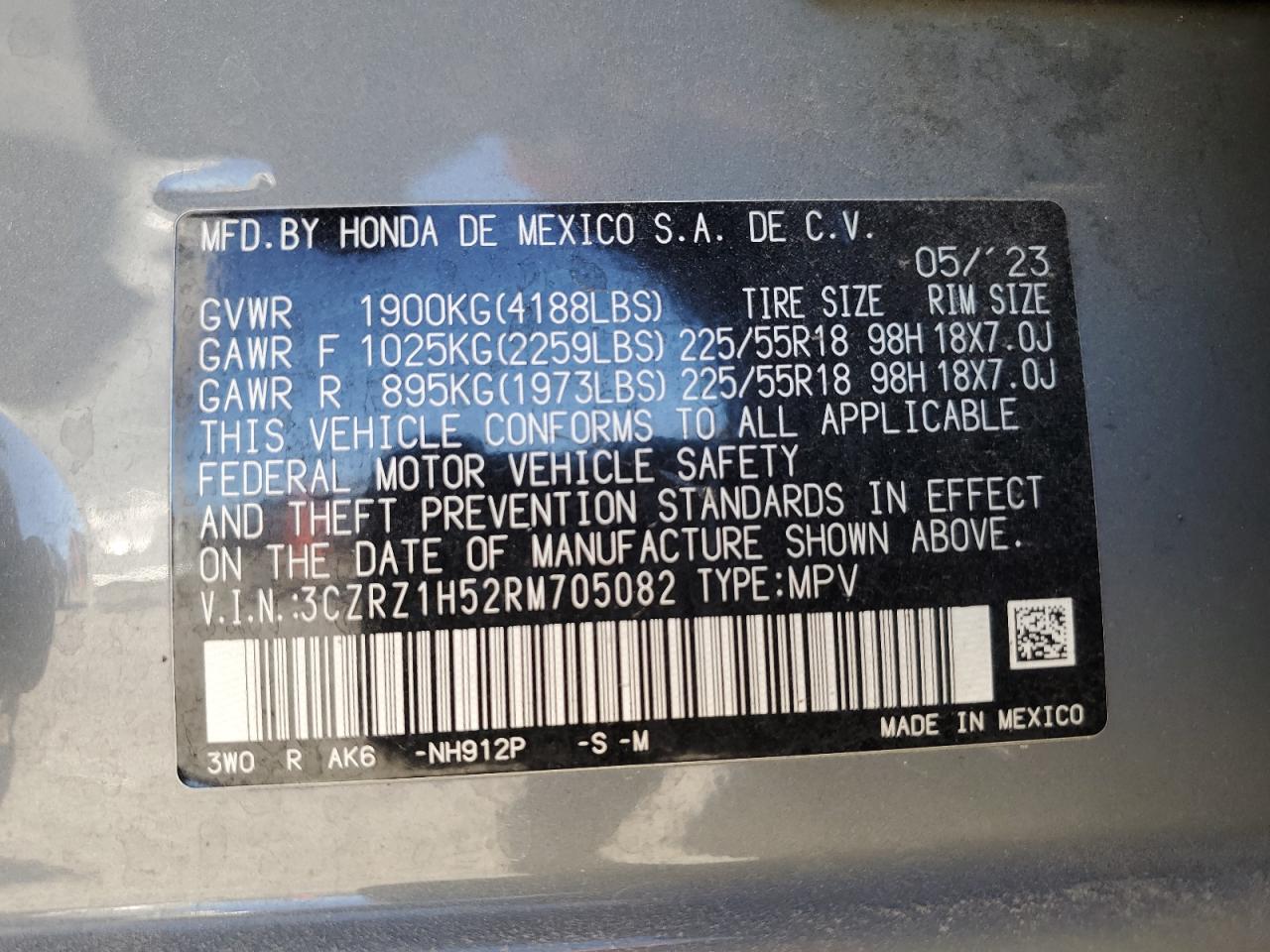 2024 HONDA HR-V SPORT VIN:3CZRZ1H52RM705082