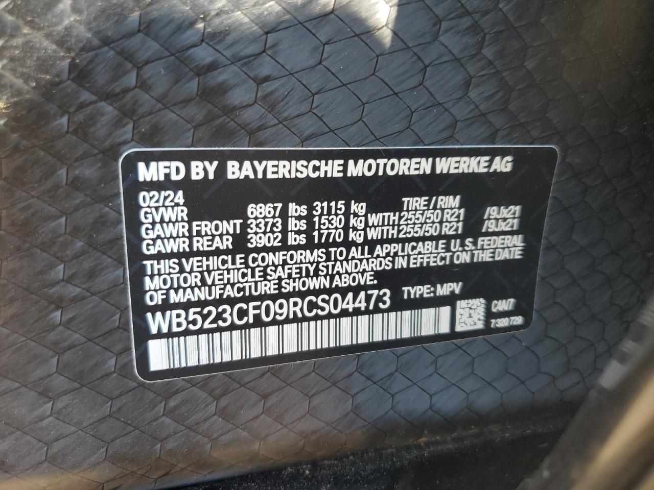 2024 BMW IX XDRIVE50 VIN:WB523CF09RCS04473