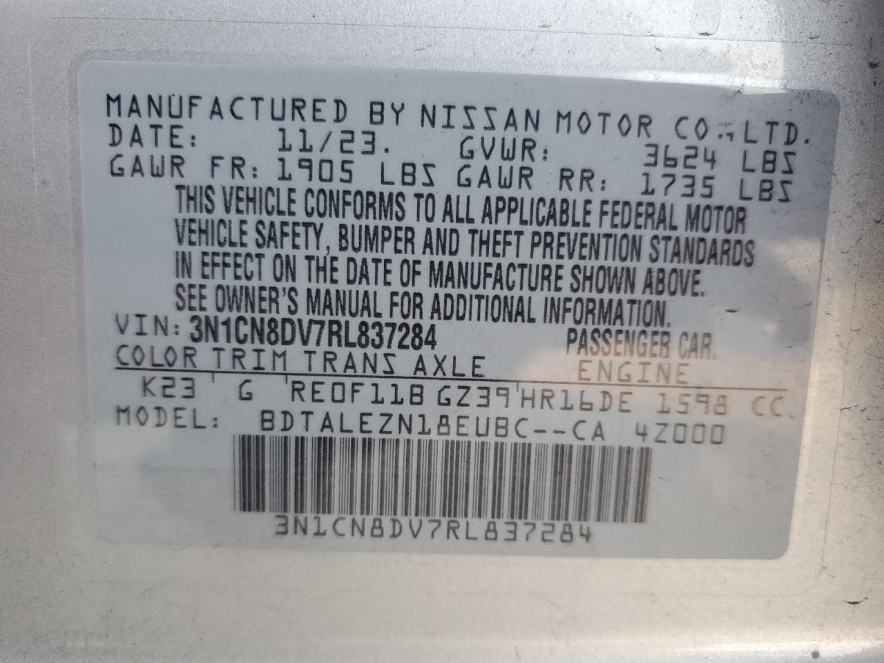 2024 NISSAN VERSA S VIN:3N1CN8DV7RL837284