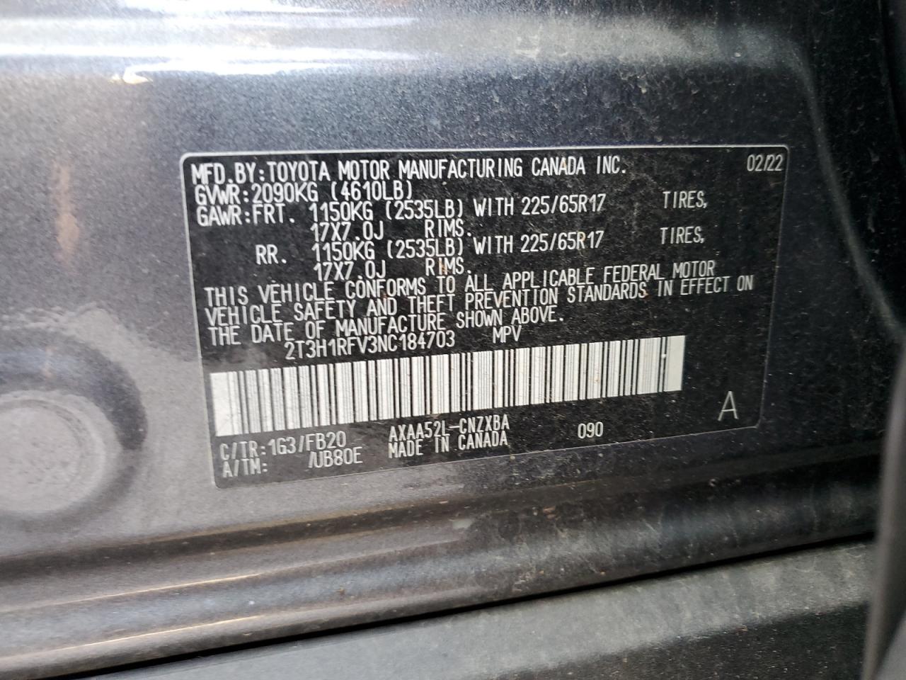 2022 TOYOTA RAV4 LE VIN:2T3H1RFV3NC184703