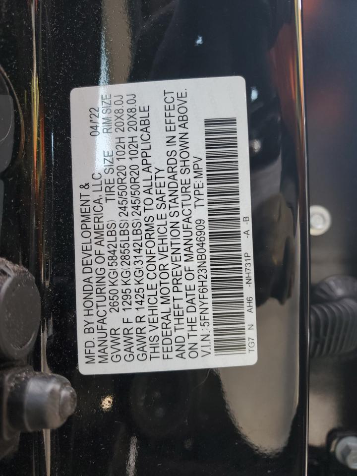 2022 HONDA PILOT SE VIN:5FNYF6H23NB046909