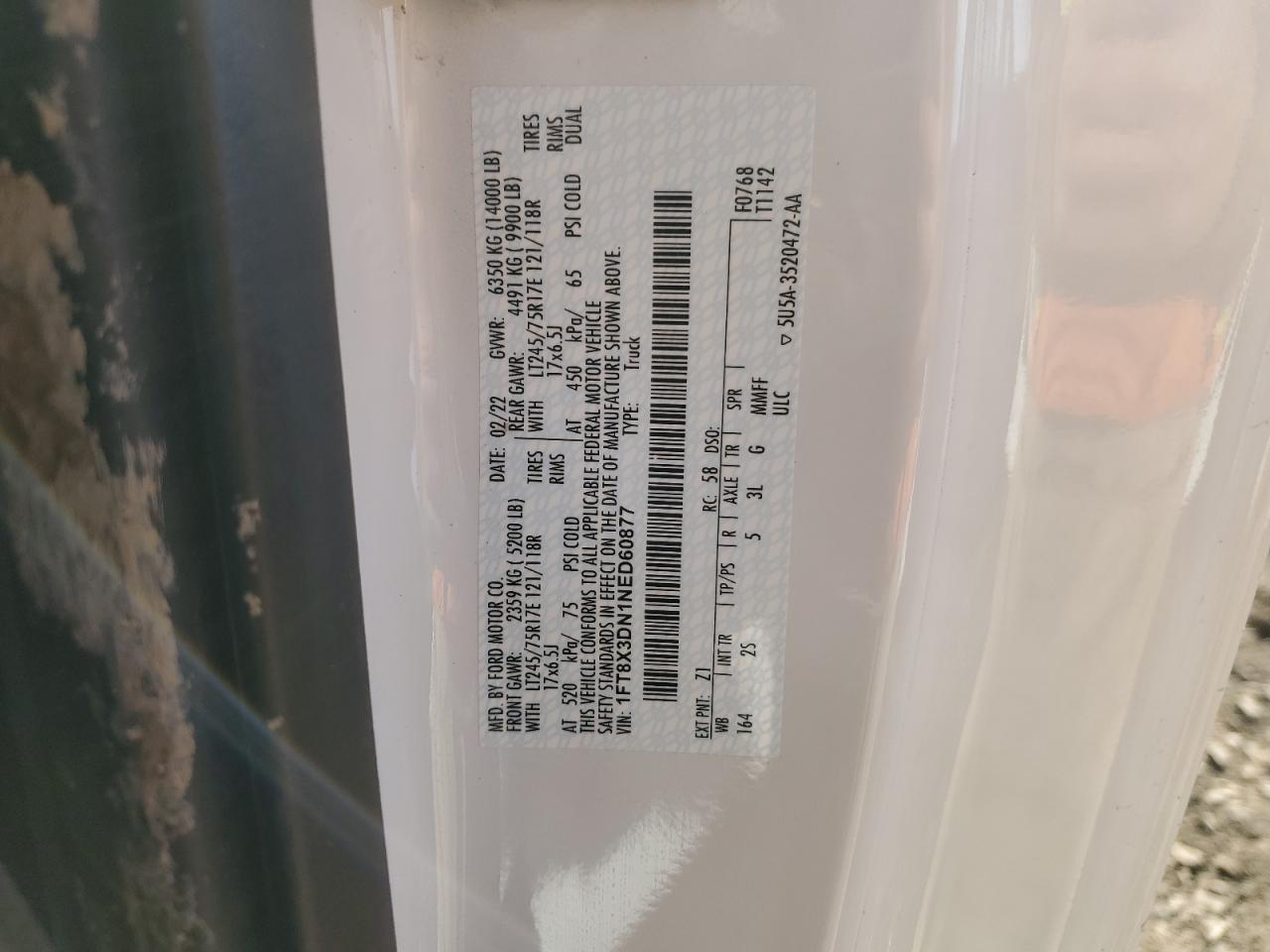 2022 FORD F350 SUPER DUTY VIN:1FT8X3DN1NED60877