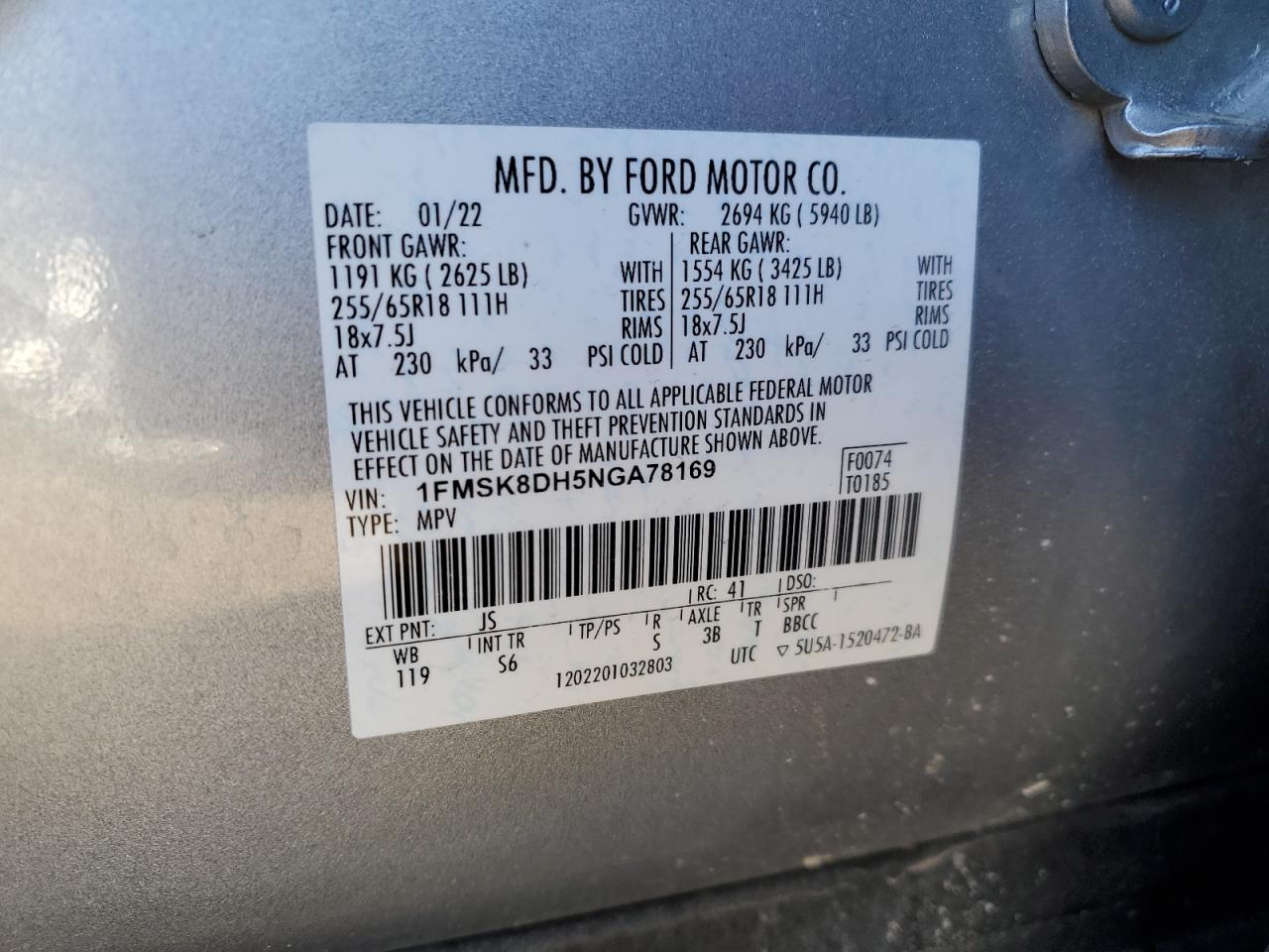 2022 FORD EXPLORER XLT VIN:1FMSK8DH5NGA78169