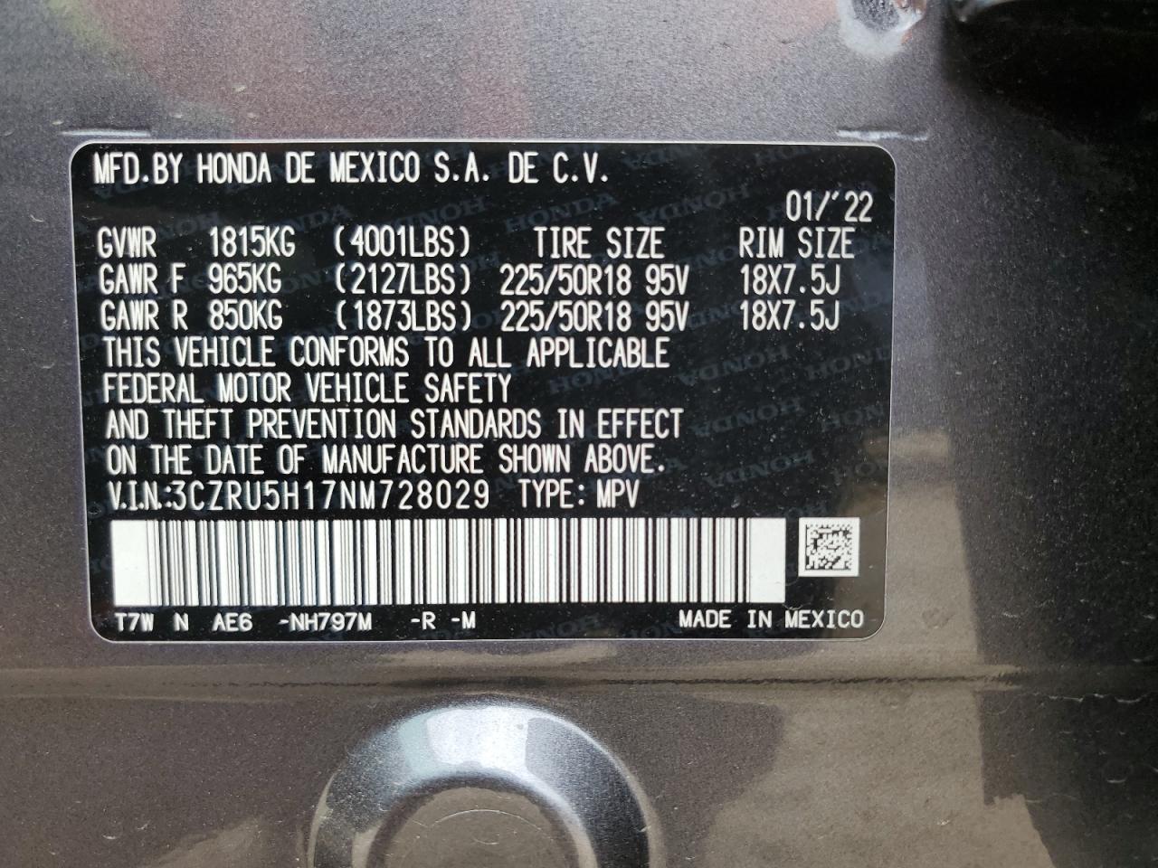 2022 HONDA HR-V SPORT VIN:3CZRU5H17NM728029