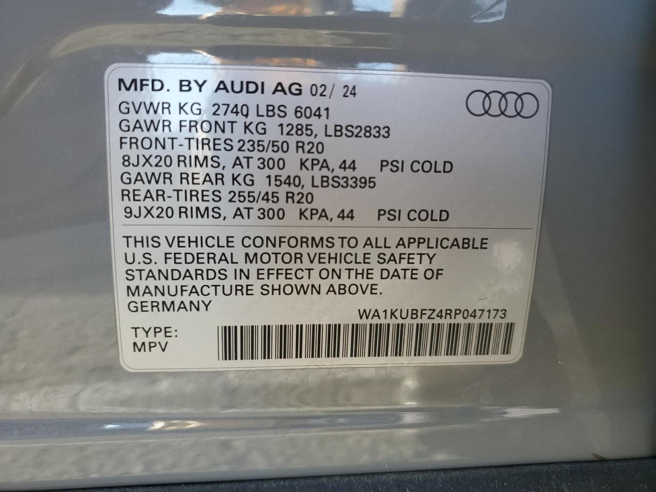 2024 AUDI Q4 E-TRON PREMIUM VIN:WA1KUBFZ4RP047173