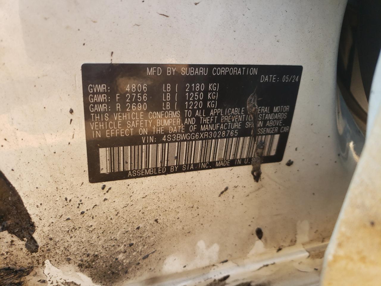 2024 SUBARU LEGACY SPORT VIN:4S3BWGG6XR3028765