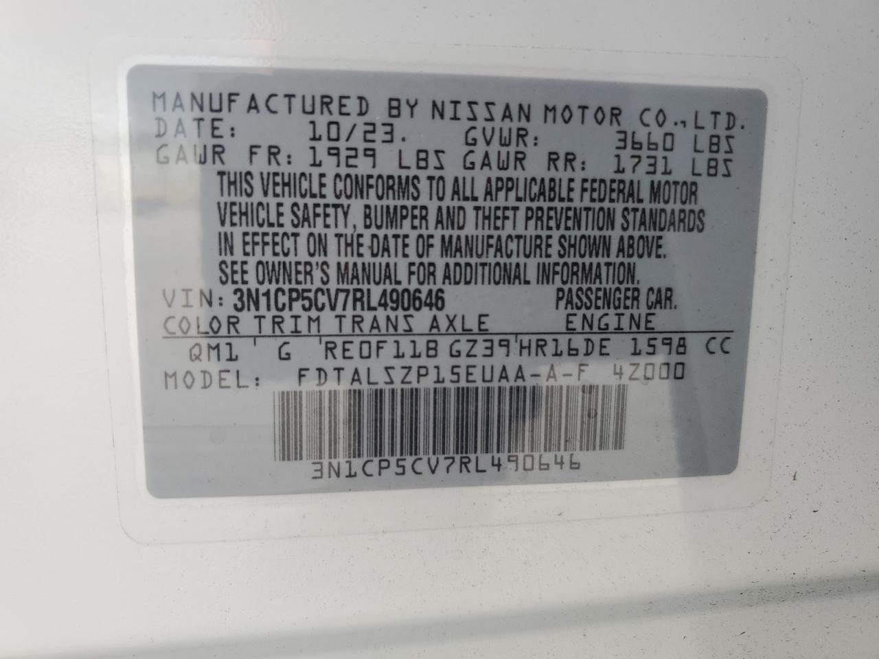 2024 NISSAN KICKS SV VIN:3N1CP5CV7RL490646