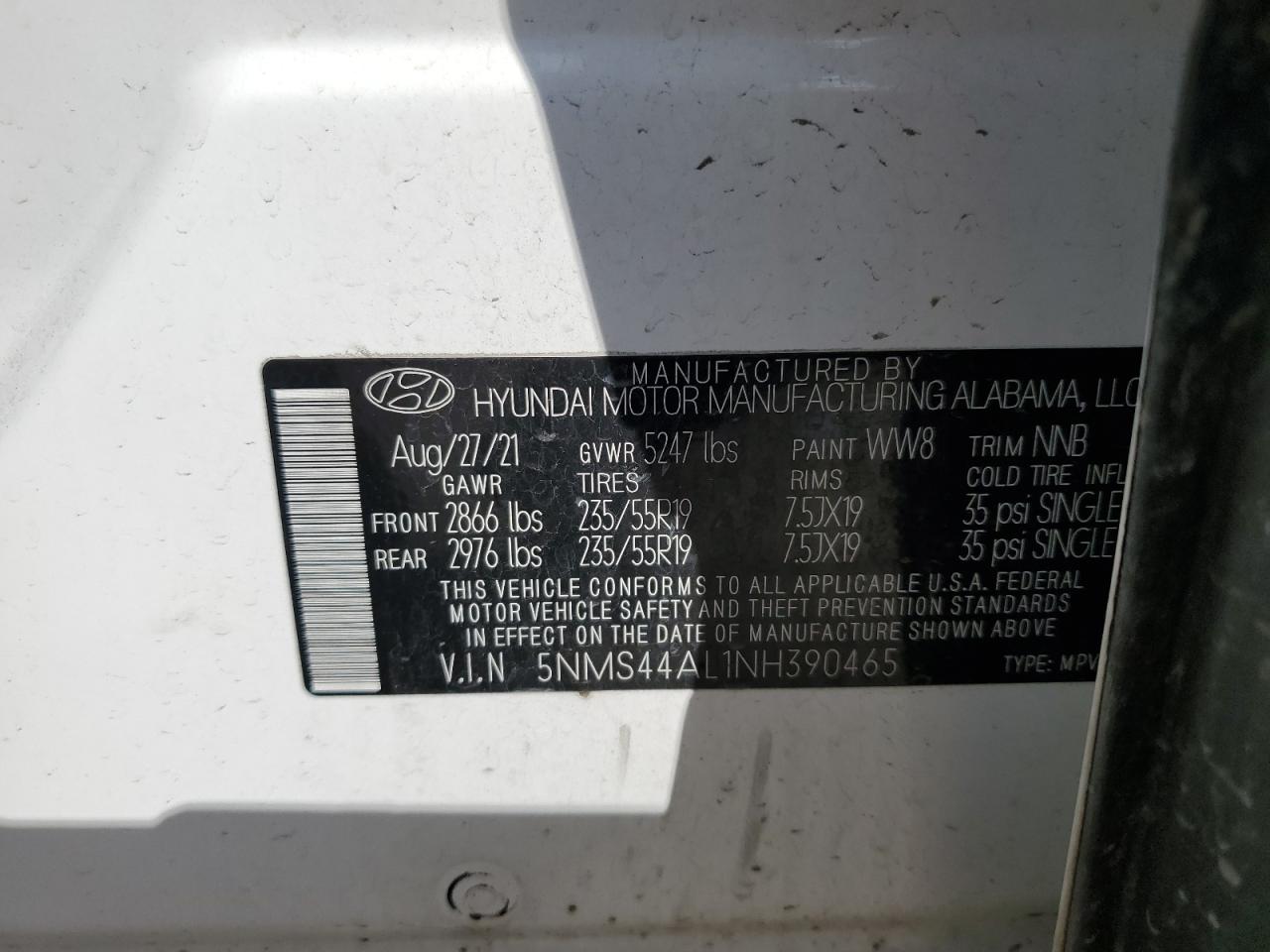 2022 HYUNDAI SANTA FE LIMITED VIN:5NMS44AL1NH390465