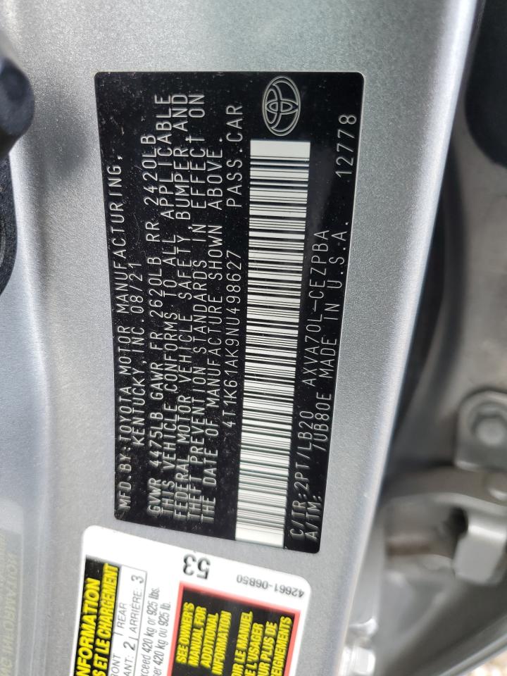 2022 TOYOTA CAMRY XSE VIN:4T1K61AK9NU498627