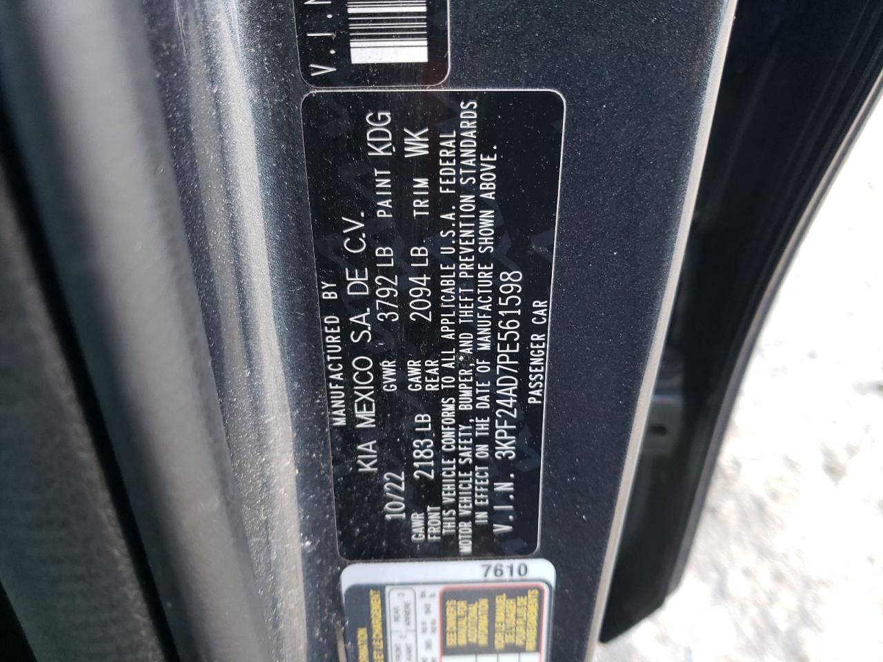 2023 KIA FORTE LX VIN:3KPF24AD7PE561598