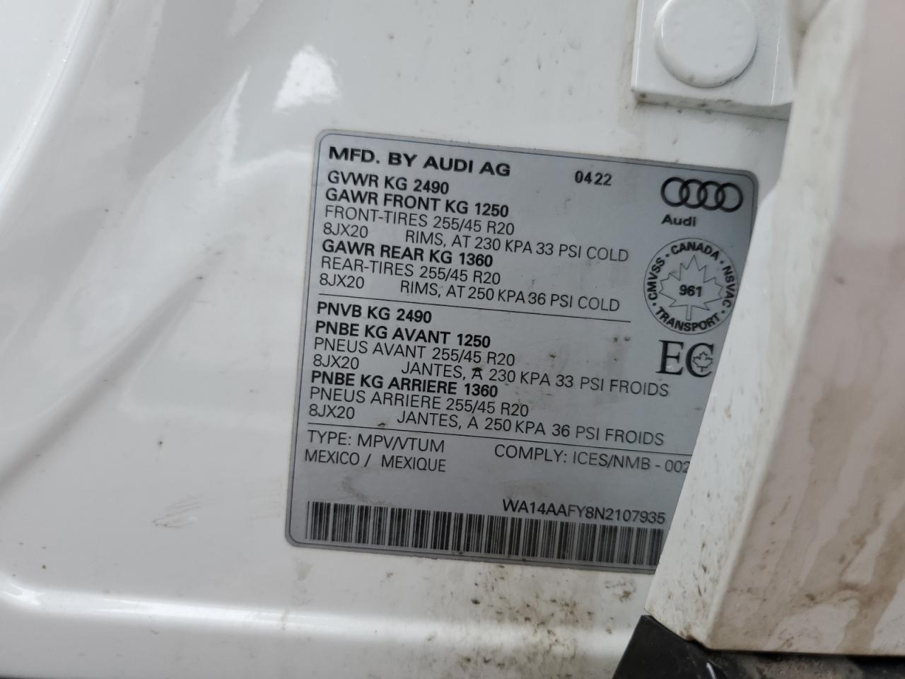 2022 AUDI Q5 SPORTBACK PREMIUM 45 VIN:WA14AAFY8N2107935