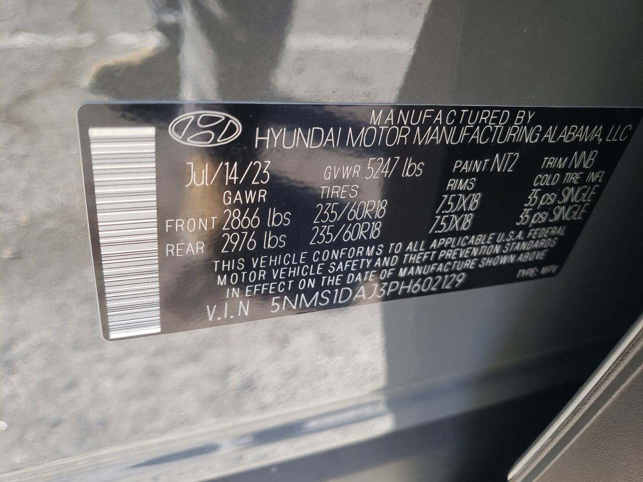 2023 HYUNDAI SANTA FE SE VIN:5NMS1DAJ3PH602129
