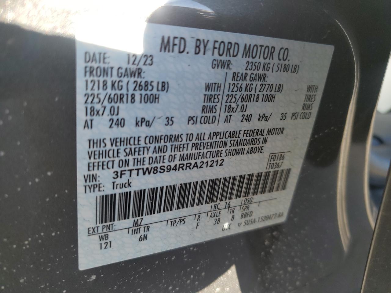 2024 FORD MAVERICK LARIAT VIN:3FTTW8S94RRA21212