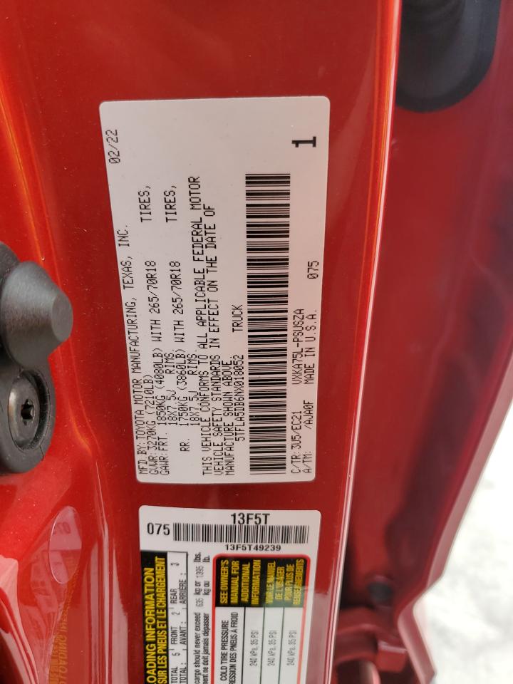 2022 TOYOTA TUNDRA CREWMAX SR VIN:5TFLA5DB6NX018052