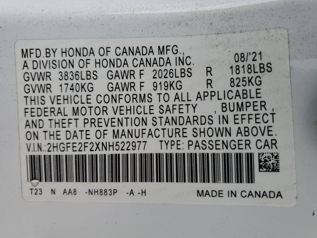 2022 HONDA CIVIC LX VIN:2HGFE2F2XNH522977