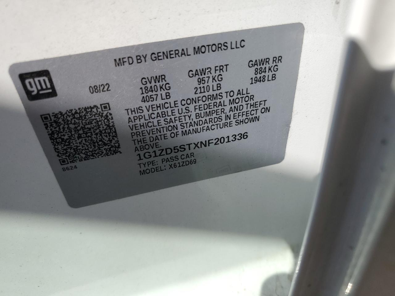 2022 CHEVROLET MALIBU LT VIN:1G1ZD5STXNF201336