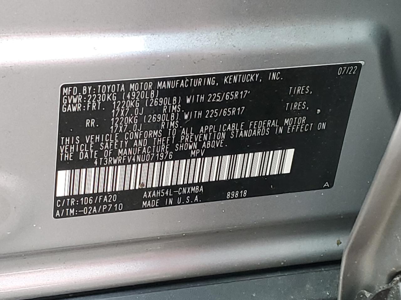 2022 TOYOTA RAV4 XLE VIN:4T3RWRFV4NU071976