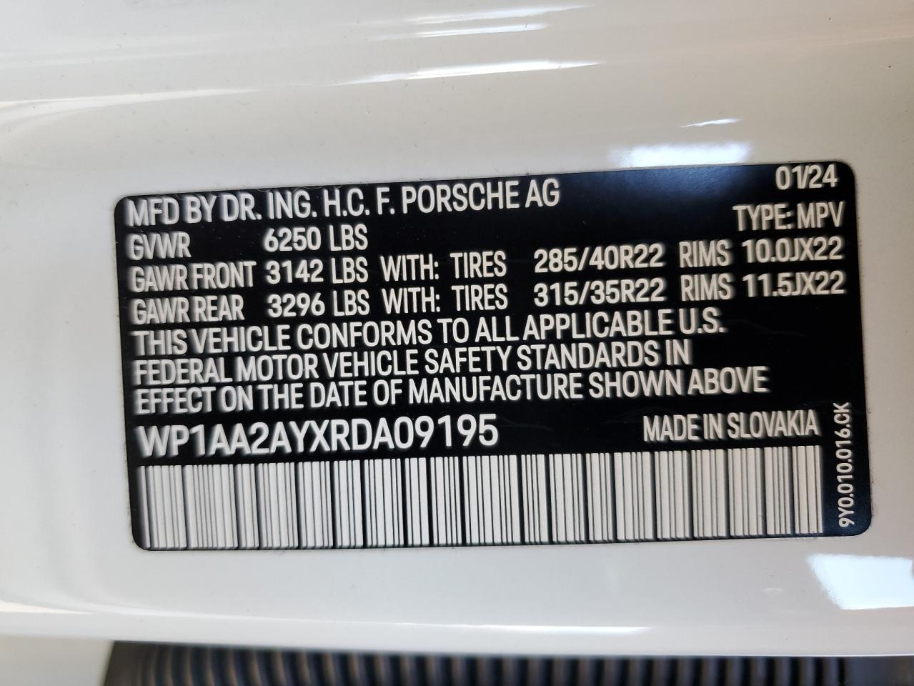 2024 PORSCHE CAYENNE  VIN:WP1AA2AYXRDA09195