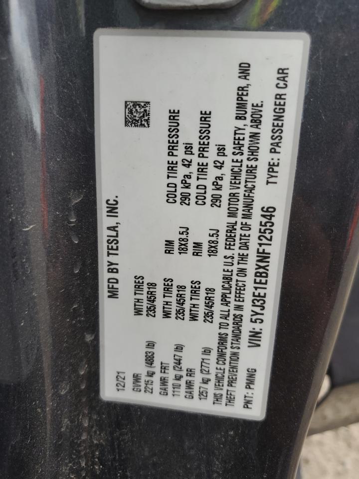 2022 TESLA MODEL 3  VIN:5YJ3E1EBXNF125546