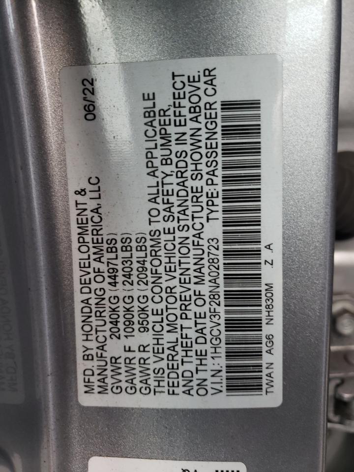 2022 HONDA ACCORD HYBRID SPORT VIN:1HGCV3F28NA28723
