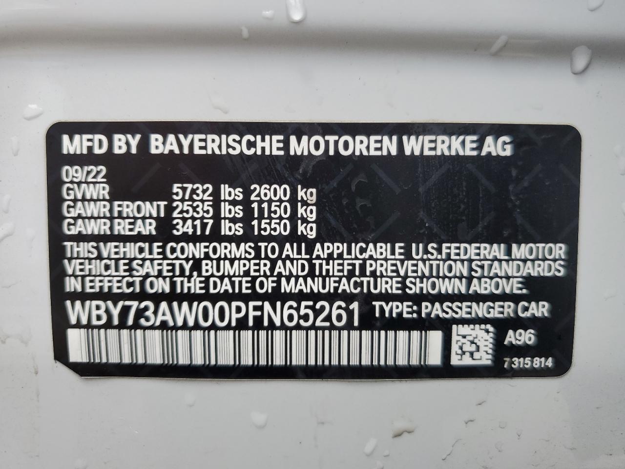 2023 BMW I4 EDRIVE 40 VIN:WP0AA2A8XNS255297