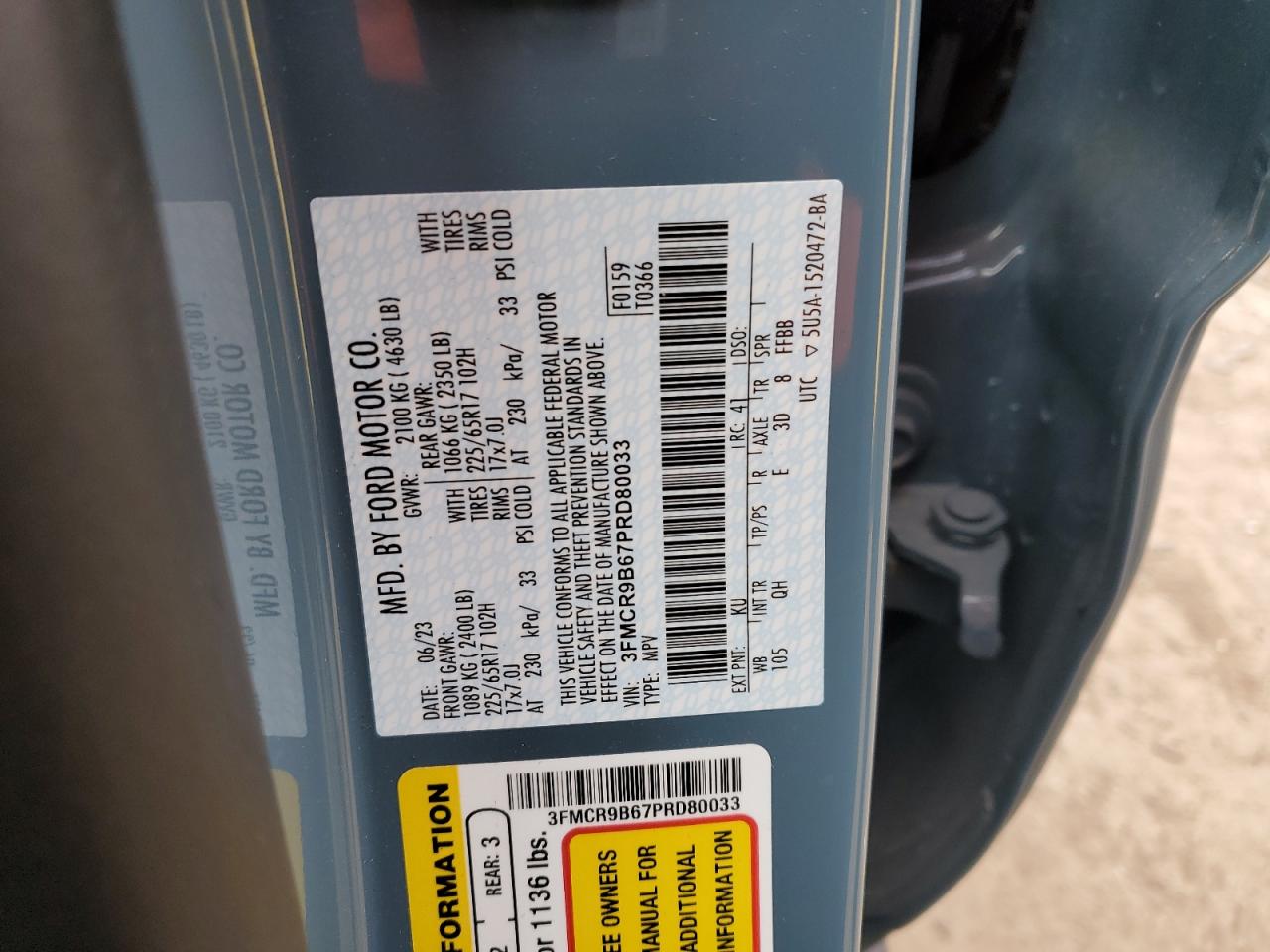 2023 FORD BRONCO SPORT BIG BEND VIN:3FMCR9B67PRD80033