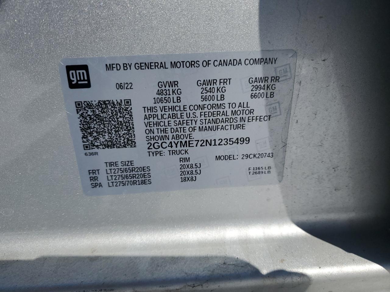 2022 CHEVROLET SILVERADO K2500 CUSTOM VIN:2GC4YME72N1235499