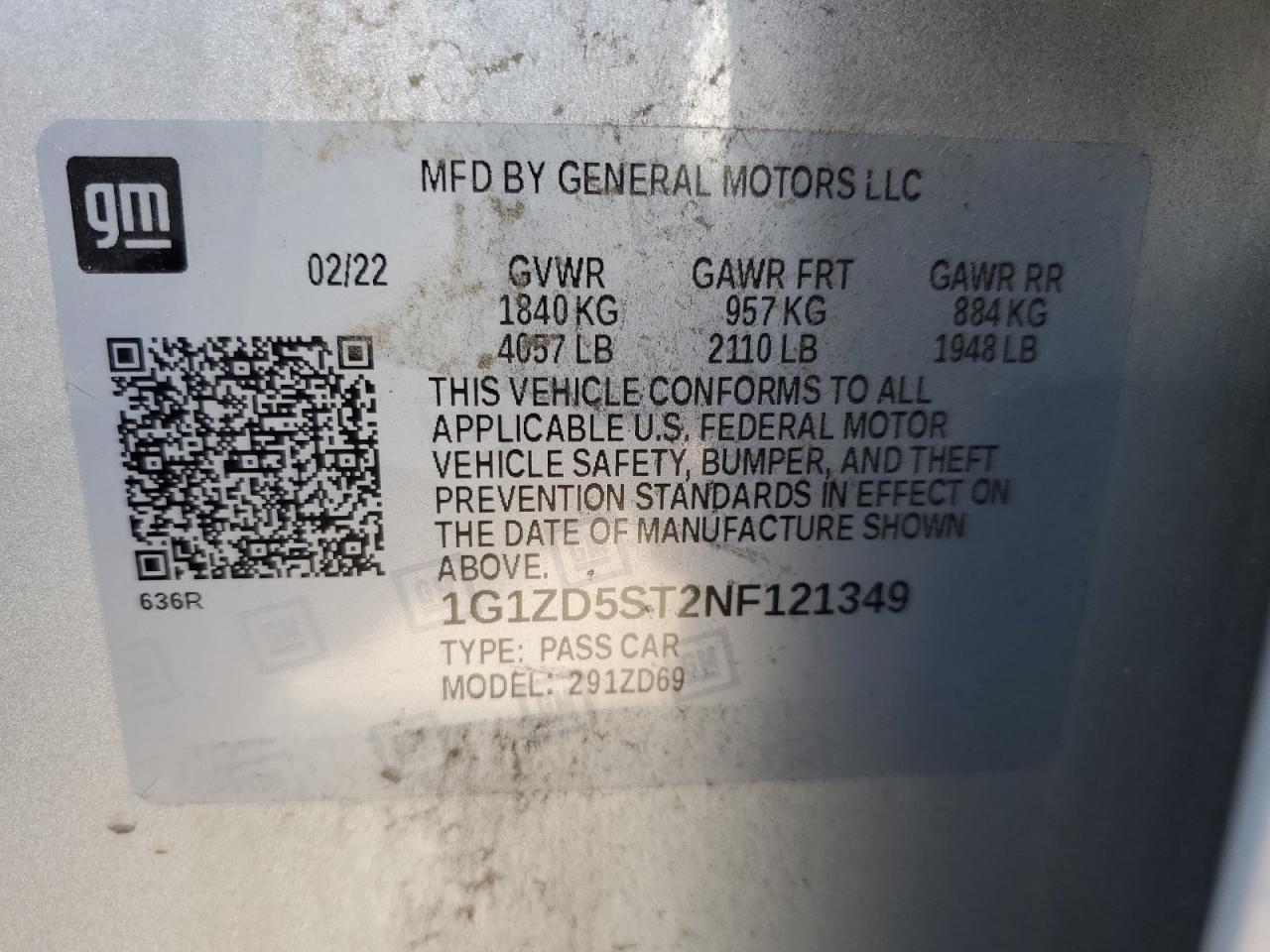 2022 CHEVROLET MALIBU LT VIN:1G1ZD5ST2NF121349