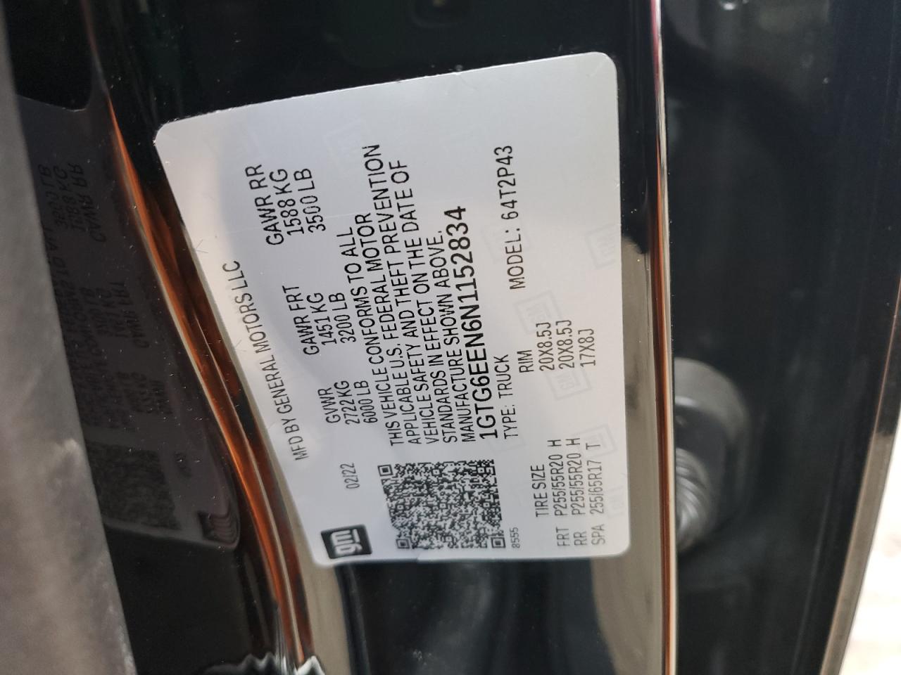 2022 GMC CANYON DENALI VIN:1GTG6EEN6N1152834