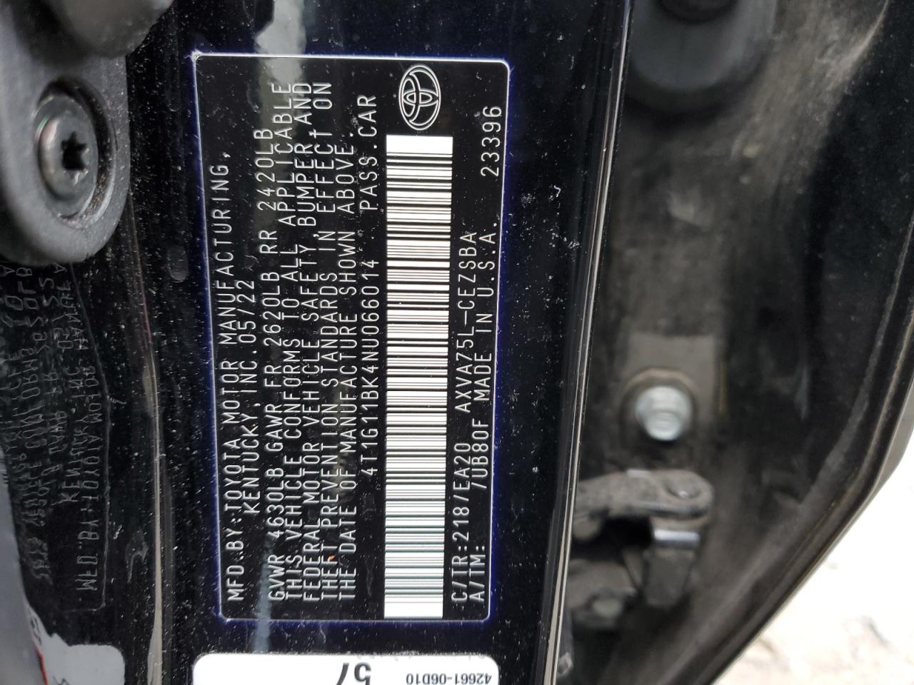 2022 TOYOTA CAMRY SE VIN:4T1G11BK4NU066014