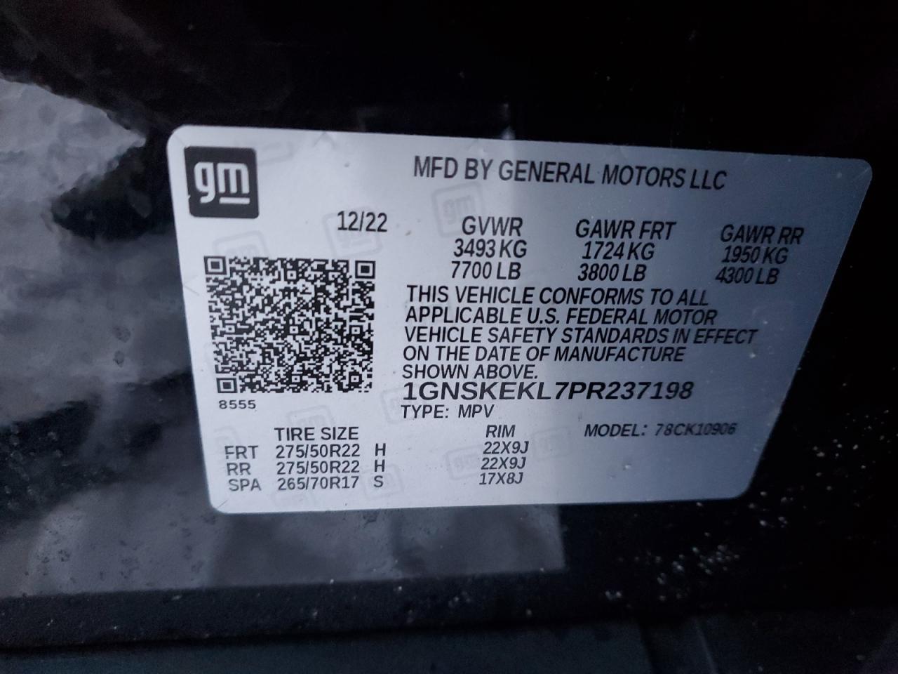 2023 CHEVROLET SUBURBAN K1500 RST VIN:1GNSKEKL7PR237198