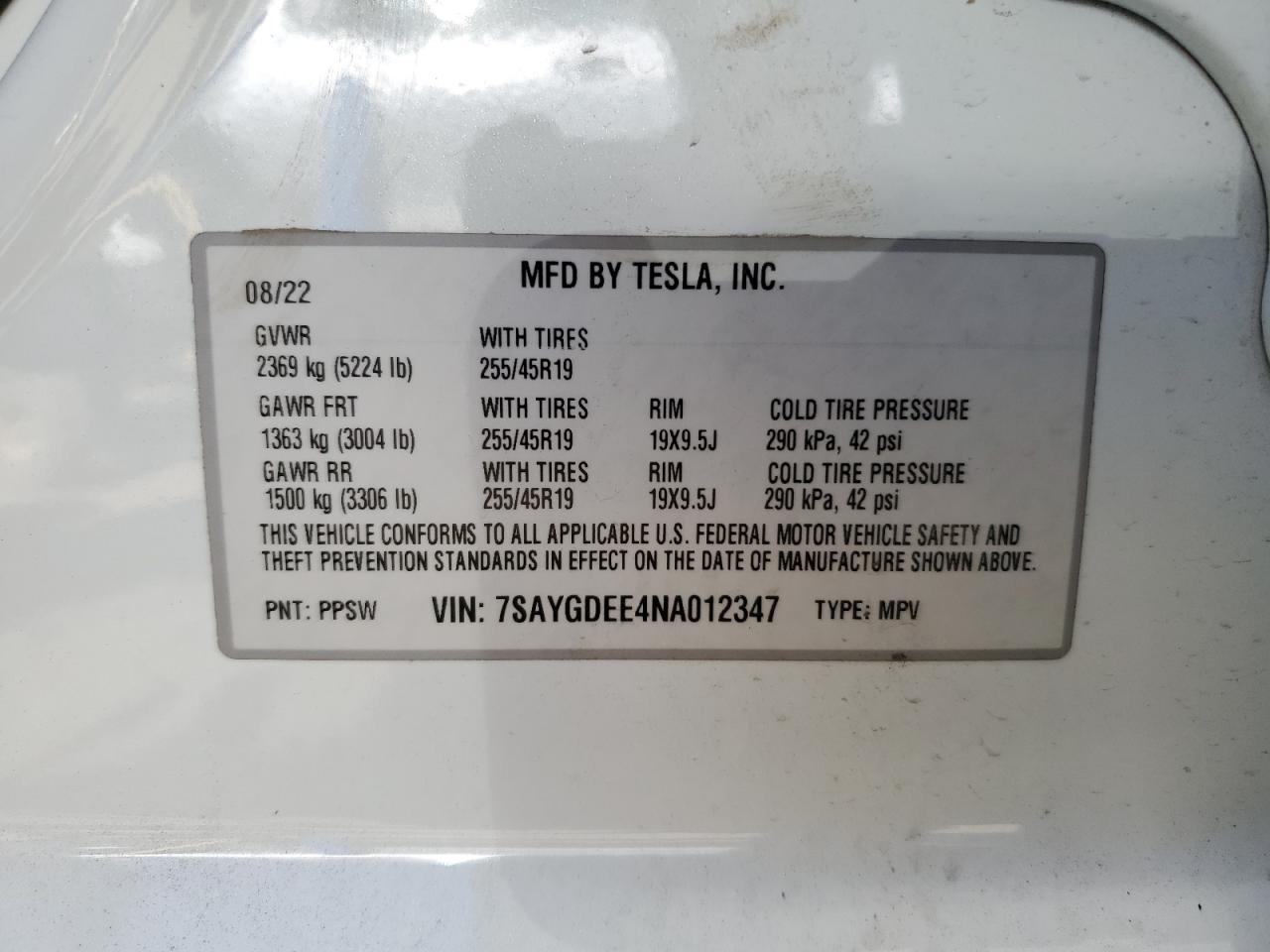 2022 TESLA MODEL Y  VIN:7SAYGDEE4NA012347