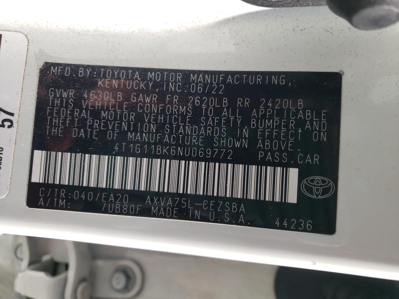 2022 TOYOTA CAMRY SE VIN:4T1G11BK6NU069772