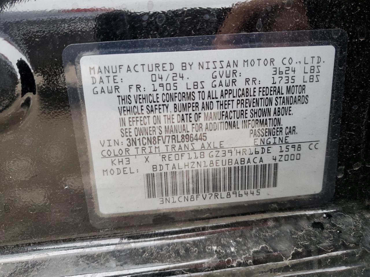 2024 NISSAN VERSA SR VIN:3N1CN8FV7RL896445