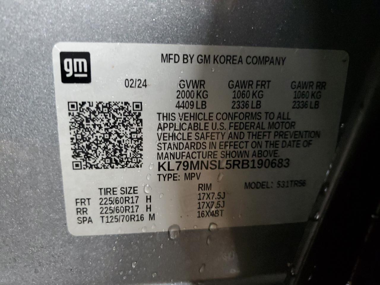 2024 CHEVROLET TRAILBLAZER LS VIN:KL79MNSL5RB190683