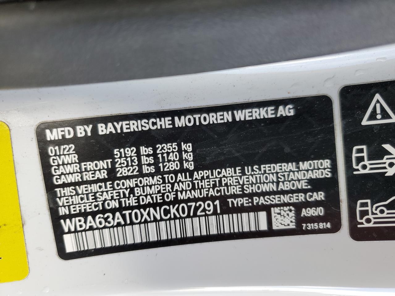 2022 BMW M440XI  VIN:WBA63AT0XNCK07291