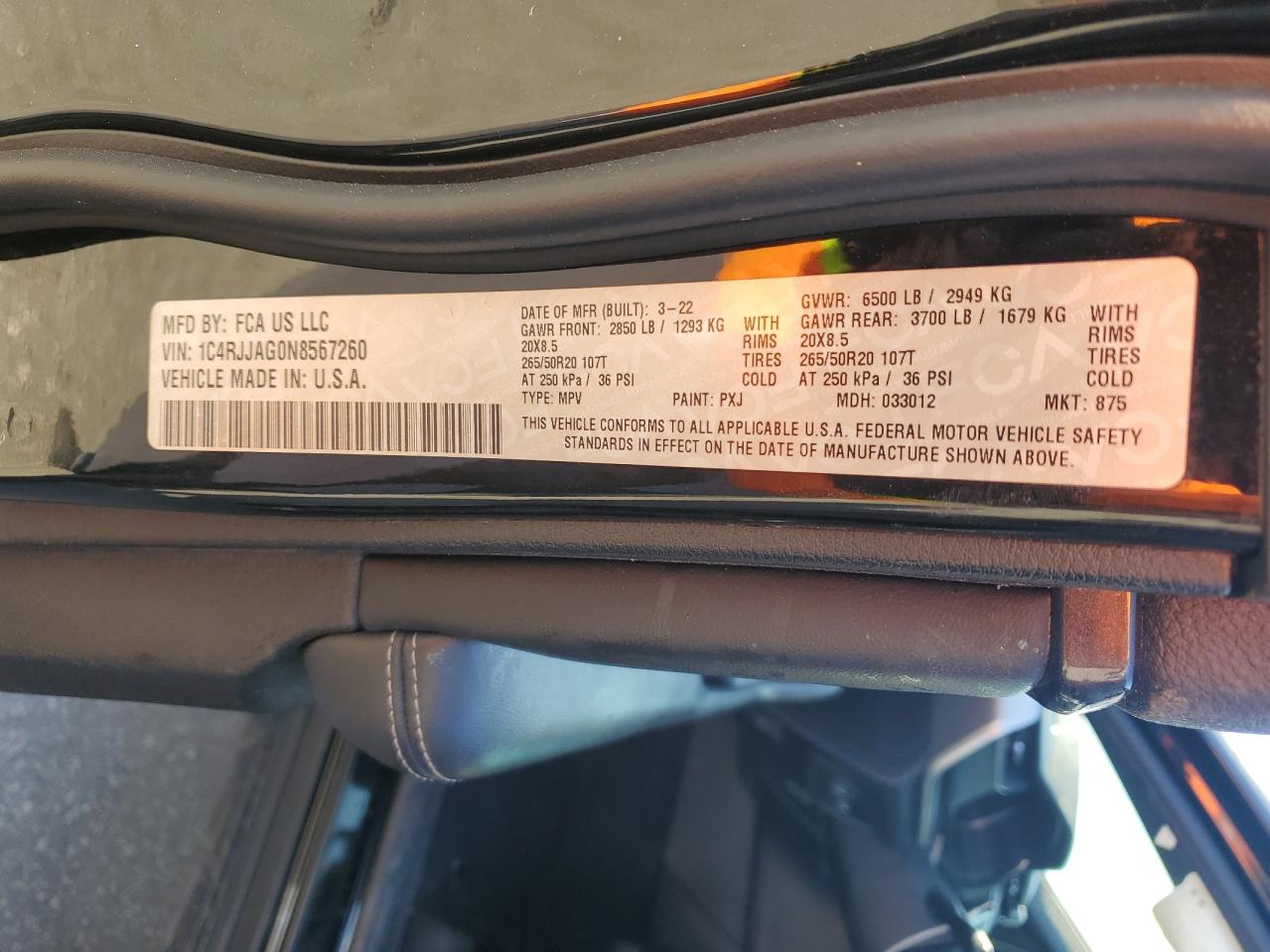 2022 JEEP GRAND CHEROKEE L LAREDO VIN:1C4RJJAG0N8567260