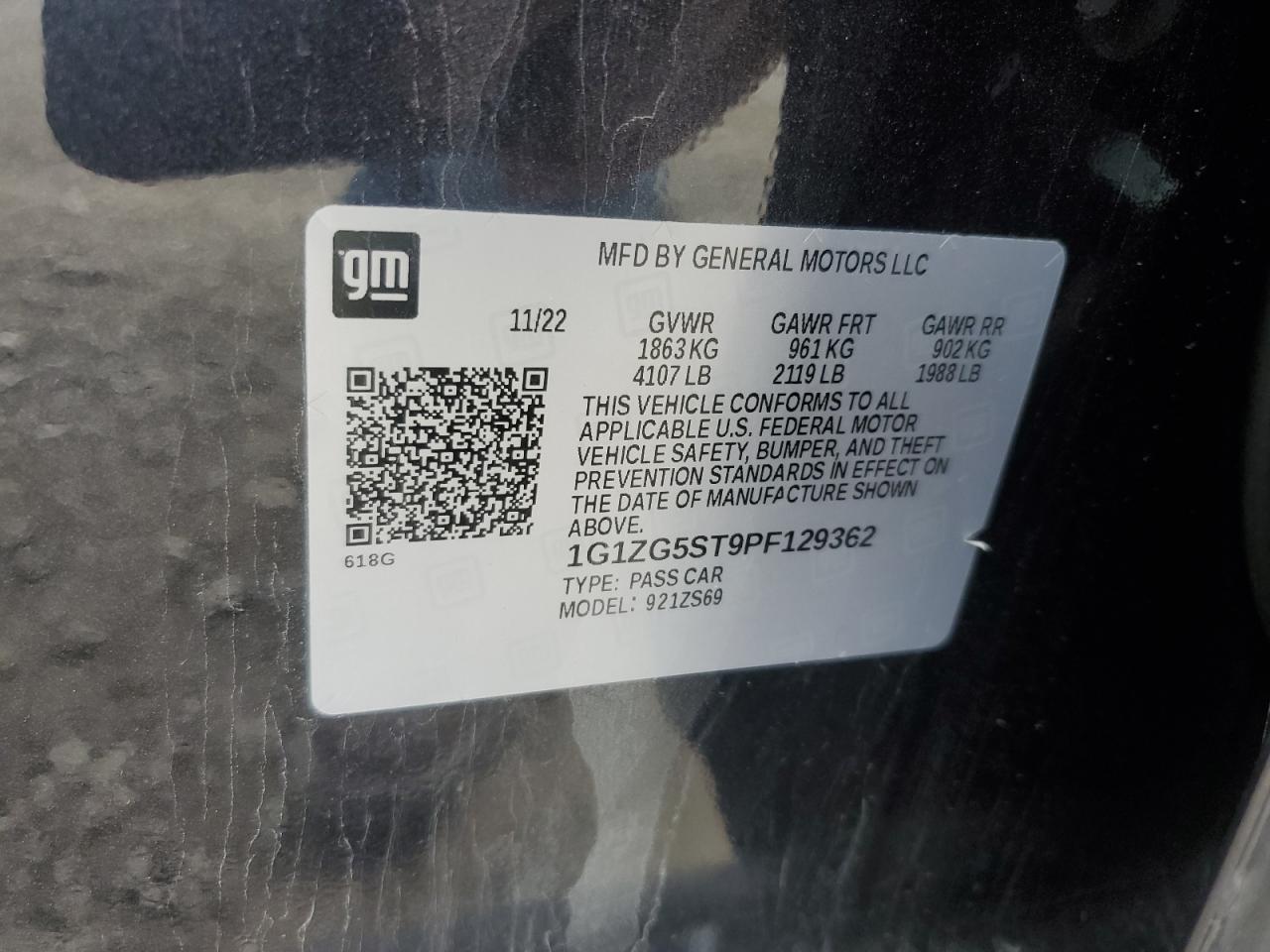 2023 CHEVROLET MALIBU RS VIN:1G1ZG5ST9PF129362