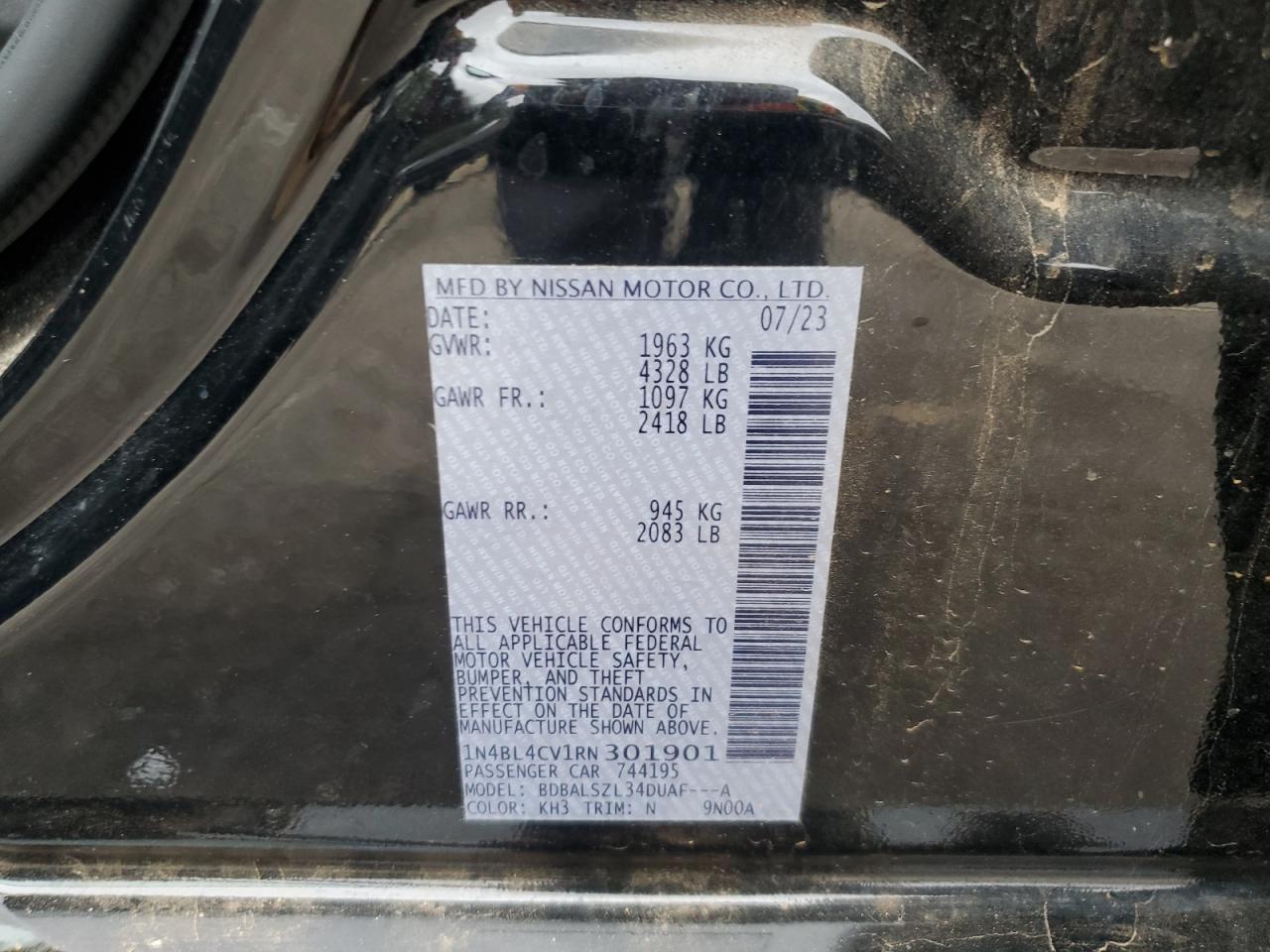 2024 NISSAN ALTIMA SR VIN:1N4BL4CV1RN301901