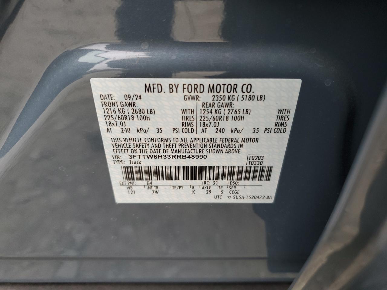 2024 FORD MAVERICK XLT VIN:3FTTW8H33RRB48990