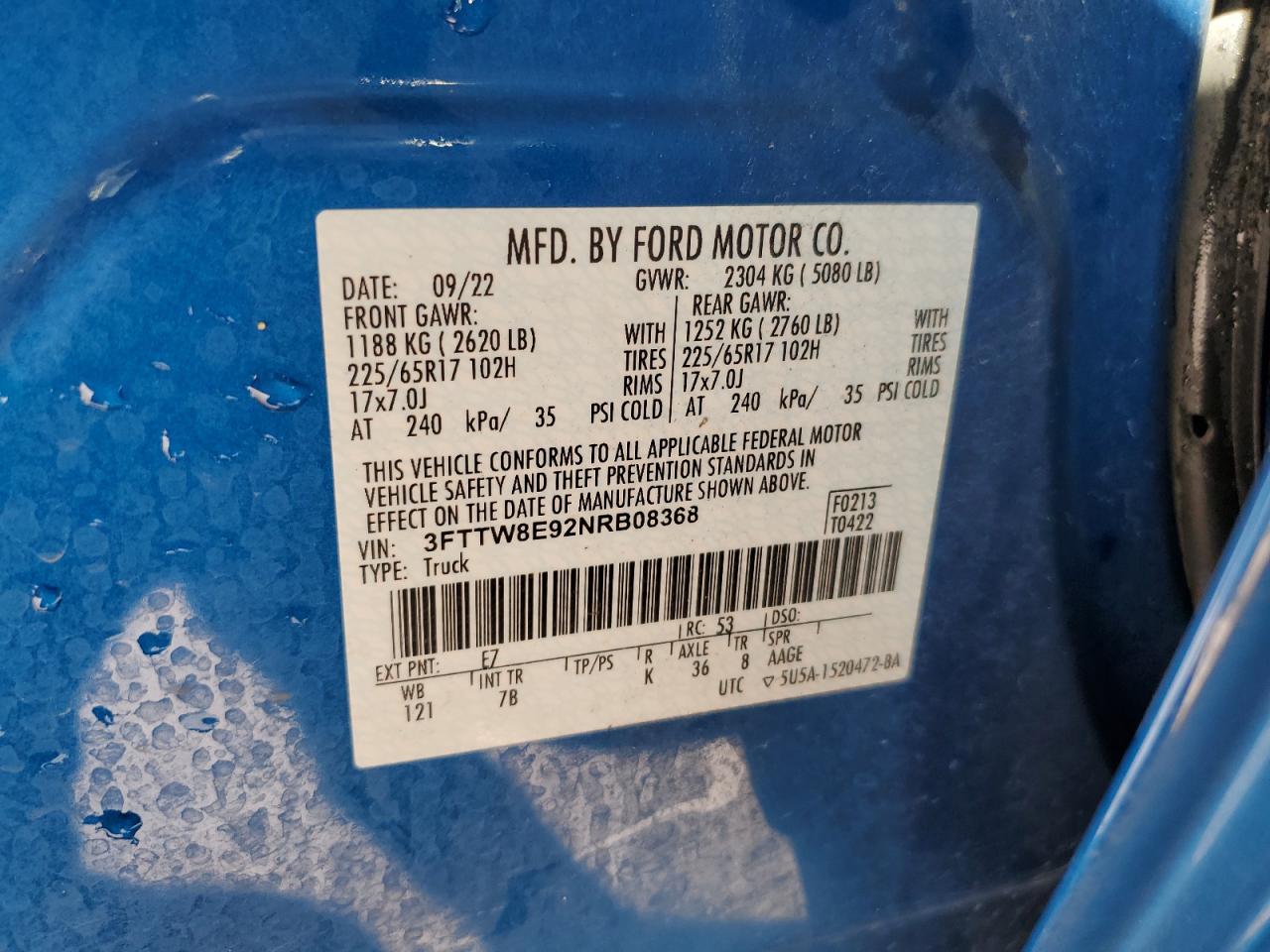 2022 FORD MAVERICK XL VIN:3FTTW8E92NRB08368