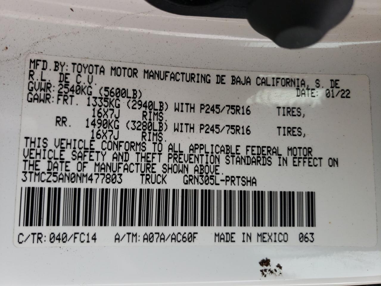 2022 TOYOTA TACOMA DOUBLE CAB VIN:3TMCZ5AN0NM477803