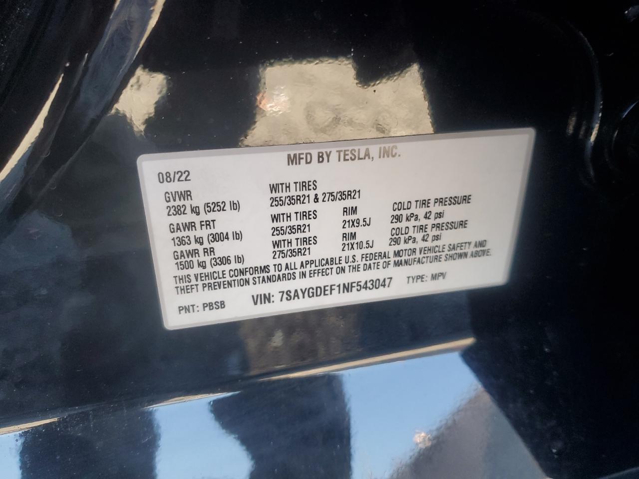 2022 TESLA MODEL Y  VIN:7SAYGDEF1NF543047