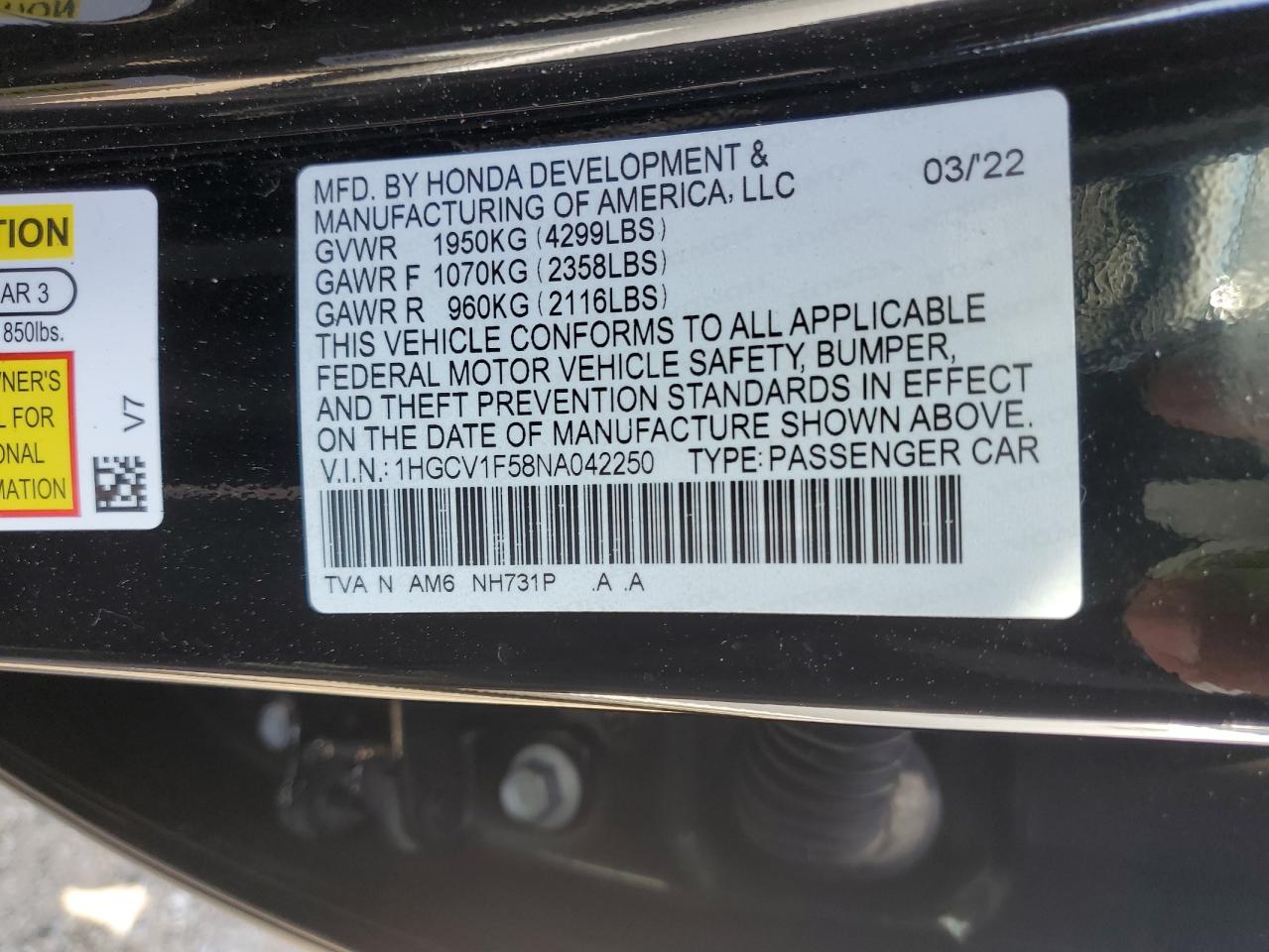2022 HONDA ACCORD EXL VIN:1HGCV1F58NA042250