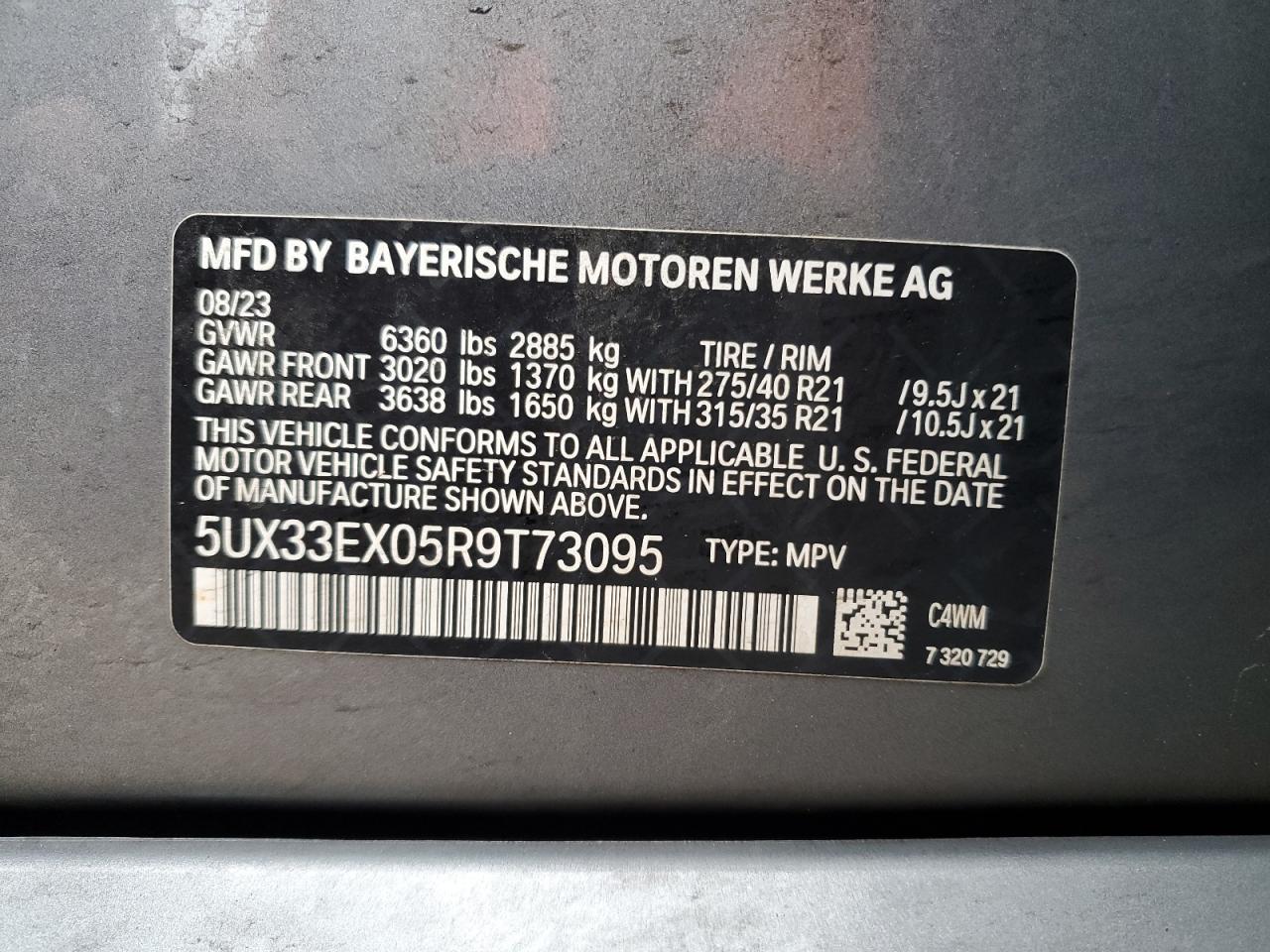 2024 BMW X6 XDRIVE40I VIN:5UX33EX05R9T73095